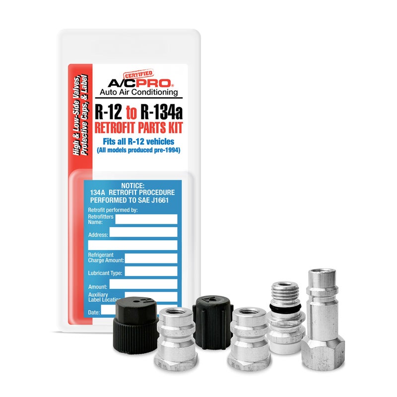 A/C Pro Certified A/C Pro Car Air Conditioner Adapter Kit, Complete AC Conversion Adapter Kit Converts R12 to R134-A Refrigerant, Includes 1 Low Side Port, 3 High Side Ports and Retrofit Label, InterDynamics - Image 1